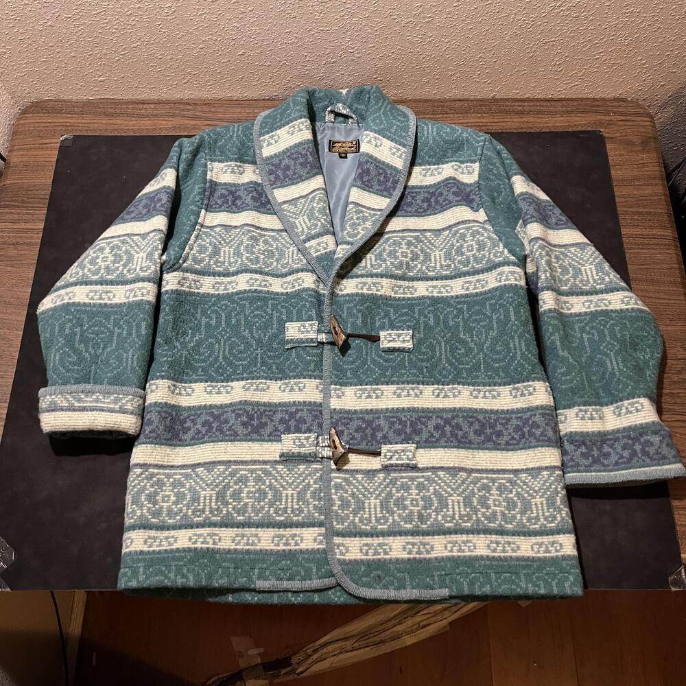Eddie Bauer Duffle Coat Jacket Vintage 70s Jacquard Wool Toggle Shawl Duffel USA